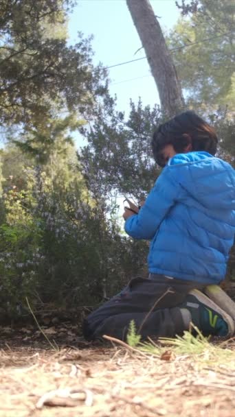 Garçon Prenant Des Notes Dans Son Carnet Dans Forêt — Video