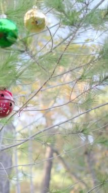 Çocuk dışarıda Noel ağacı süslüyor.