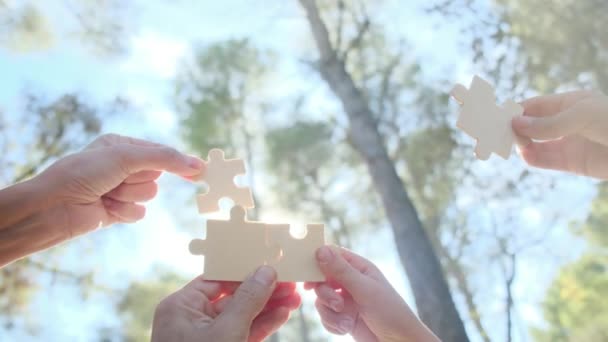 Teamwork Business Finance Concept Hands Connect Puzzles Park Symbol Teamwork — Stock Video