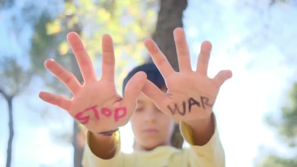 Boy Stop War Words Palms Closeup — Stock Video