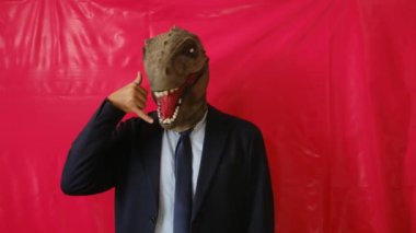 Dinozor maskeli bir iş adamı.