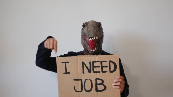 Businessman Wearing Dinosaur Mask Showing Card Text Need Job Studio — Stock Video