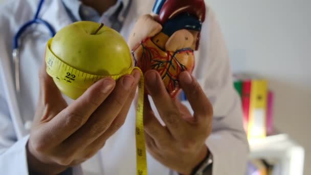 Läkare Som Håller Hjärtat Modell Äpple Och Måttband Sjukhus Medicinsk — Stockvideo