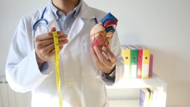 持有医院 医疗及医护概念的心脏模型及测量带的医生 — 图库视频影像
