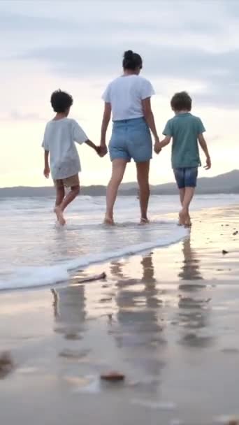 Силуети Матері Синів Які Грають Спокійному Пляжі — стокове відео