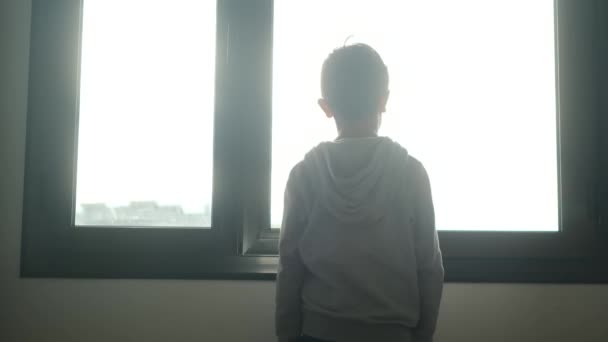 Zpět Pohled Chlapce Mikině Jak Dívá Okna Městě — Stock video