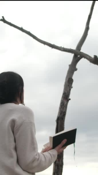 Femme Priant Près Croix Bois Dans Les Montagnes — Video