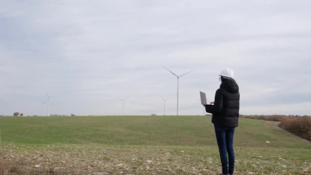 Woman Engineer Laptop Computer Working Countryside Wind Turbines — Stockvideo