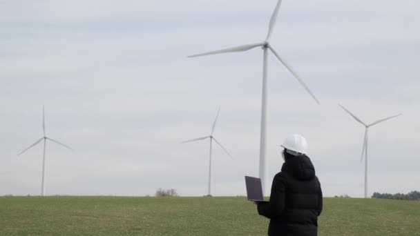 Woman Engineer Laptop Computer Working Countryside Wind Turbines — Stock Video