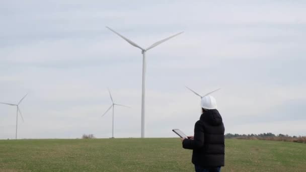Woman Engineer Computer Working Countryside Wind Turbines — Video