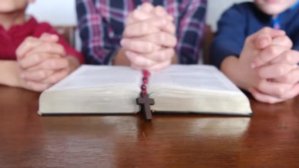 Jonge Moeder Met Haar Zonen Bidden Met Bijbel Kruisbeeld — Stockvideo