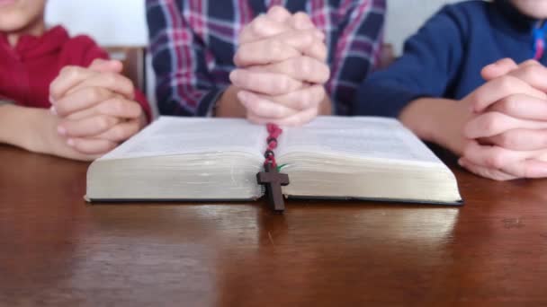 Fiatal Anya Fiaival Imádkozik Bibliával Kereszttel — Stock videók