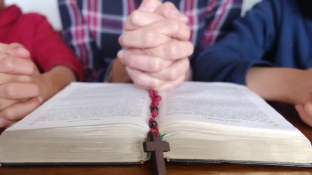 Fiatal Anya Fiaival Imádkozik Bibliával Kereszttel — Stock videók