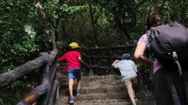 Anne Oğulları Tapınakta Basamaklarda Yürüyorlar — Stok video