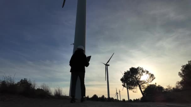 Young Woman Engineer Tablet Computer Checking Wind Turbines — Stock videók