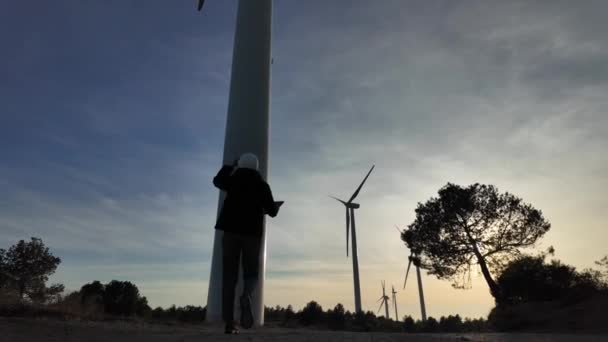 Young Woman Engineer Tablet Computer Checking Wind Turbines — 비디오