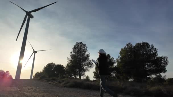 Young Woman Engineer Tablet Computer Checking Wind Turbines — Vídeo de stock
