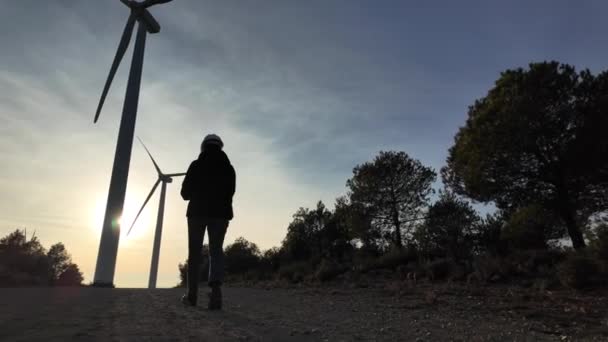 Young Woman Engineer Tablet Computer Checking Wind Turbines — Stok video
