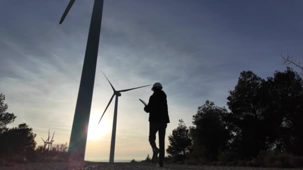 Young Woman Engineer Tablet Computer Working Countryside Wind Turbines Sunset — Vídeo de Stock