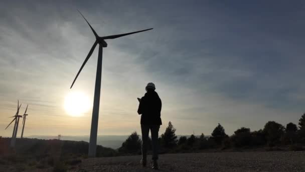 Young Woman Engineer Tablet Computer Working Countryside Wind Turbines Sunset — Stockvideo