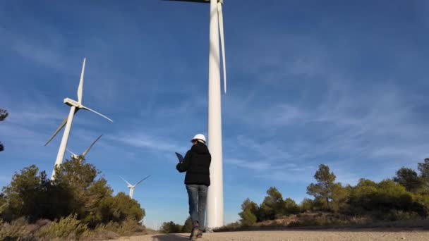 Woman Engineer Tablet Computer Working Countryside Wind Turbines — Stockvideo
