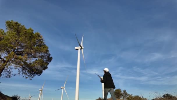Woman Engineer Tablet Computer Working Countryside Wind Turbines — 비디오