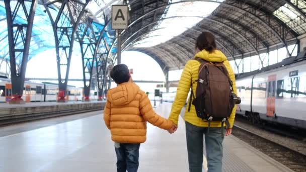 Jovem Mãe Viajante Com Filho Andando Plataforma Estação Trem — Vídeo de Stock