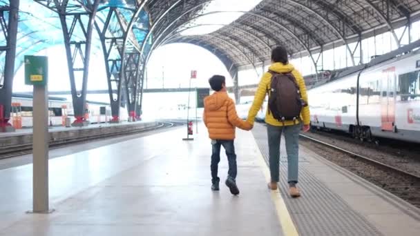 鉄道駅のプラットホームを歩いている息子と若い母の旅行者 — ストック動画