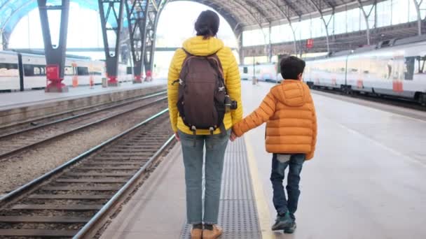 駅のプラットホーム上の息子と若い母の旅行者 — ストック動画