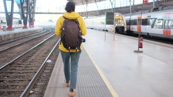 Young Woman Traveler Backpack Train Station Platform — Stock Video