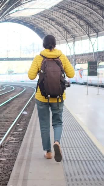 Tren Istasyonunda Sırt Çantalı Genç Bir Kadın Gezgin — Stok video