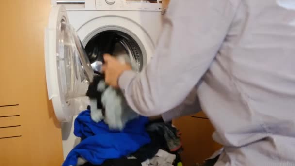 男人在洗衣机里洗小孩的衣服 打破性别和家务劳动 平等以及帮助丈夫与家人和妻子团聚的观念 — 图库视频影像