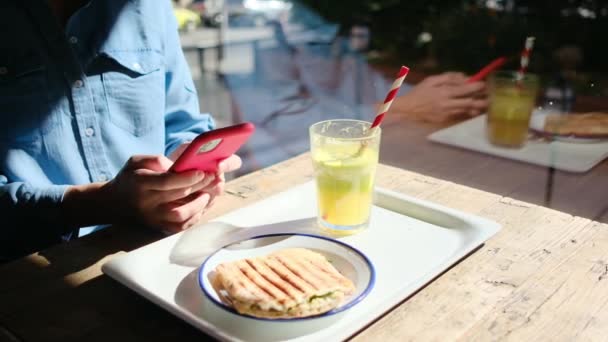 California Cafe Cheerful Woman Enjoys Solitary Lunch Capturing Moments Social — Stock Video