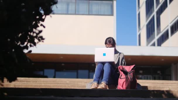Młoda Kobieta Siedzi Parku Używa Nowoczesnego Laptopa Praca Zdalna Dla — Wideo stockowe