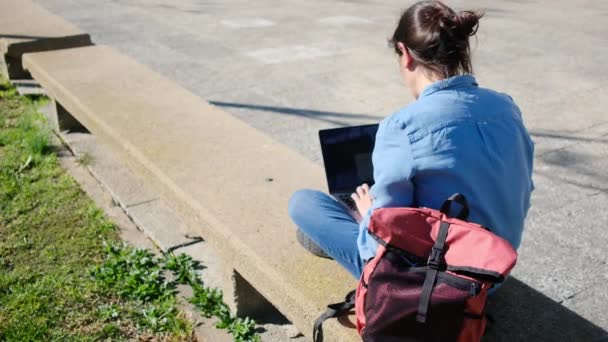Jeune Femme Assise Parc Utilisant Ordinateur Portable Moderne Travail Distance — Video