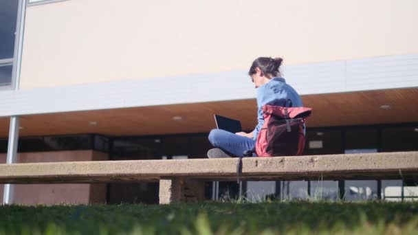 Молодая Женщина Сидит Парке Использует Современный Ноутбук Удаленная Работа Фрилансера — стоковое видео