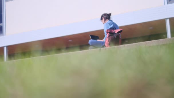 Mujer Joven Sentada Parque Usando Portátil Moderno Trabajo Remoto Para — Vídeo de stock