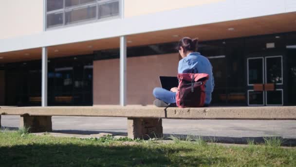 Jeune Femme Assise Parc Utilisant Ordinateur Portable Moderne Travail Distance — Video