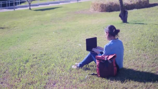 Genç Bir Kadın Parkta Oturuyor Modern Dizüstü Bilgisayar Kullanıyor Serbest — Stok video