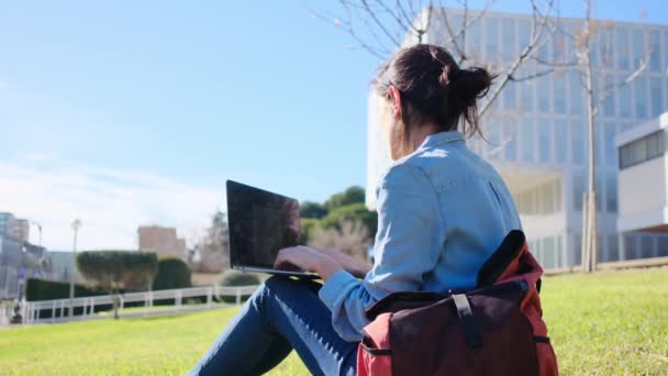 Jonge Vrouw Die Het Park Zit Moderne Laptop Gebruikt Werk — Stockvideo