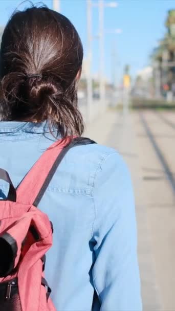 Eine Junge Frau Mit Rucksack Wartet Auf Dem Bahnsteig Der — Stockvideo