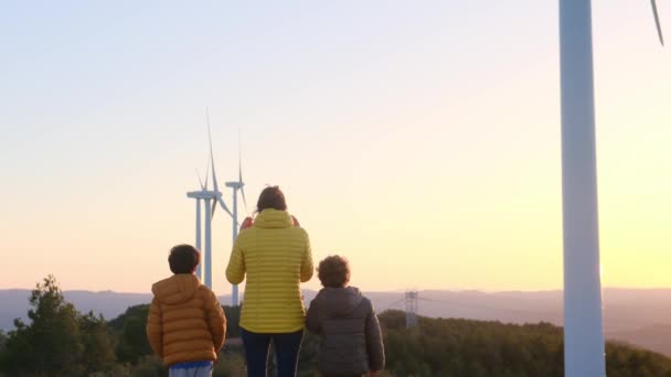 Mother Sons Countryside Wind Turbines Ecology Concept — Stock Video