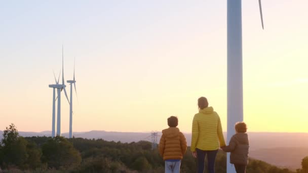 Mother Sons Countryside Wind Turbines Ecology Concept — Stock Video