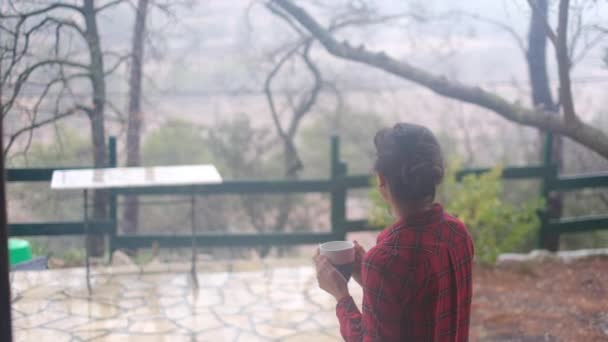 Kobieta Pije Herbatę Lub Kawę Filiżanki Patrząc Tarasu Deszczu — Wideo stockowe