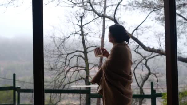 Жінка Чай Або Каву Чашки Дивиться Тераси Під Дощем — стокове відео