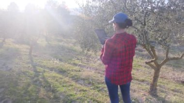 Dijital tabletli modern kadın çiftçi güneşli bahar gününde meyve bahçesini kontrol ediyor.