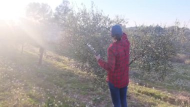 Dijital tabletli modern kadın çiftçi güneşli bahar gününde meyve bahçesini kontrol ediyor.