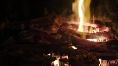 BBQ Ağı 'nda kızarmış et, yanan ateşte.