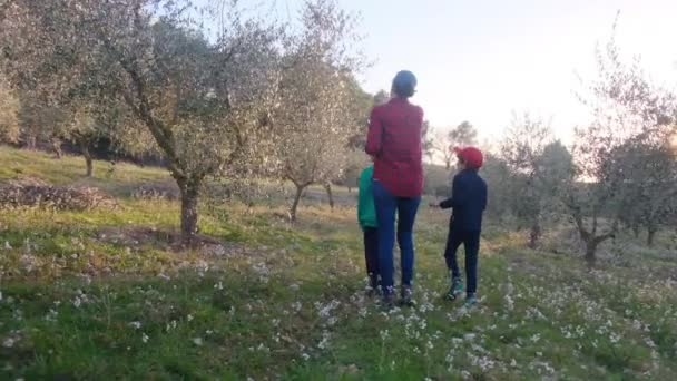 Mãe Filhos Verificando Jardim Frutas Dia Ensolarado Primavera — Vídeo de Stock