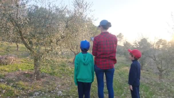 Mutter Und Söhne Prüfen Obstgarten Sonnigem Frühlingstag — Stockvideo